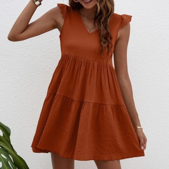 Terracotta eyelet embroidered cap sleeve V-neck high waist smock dress Sz S - Picture 3 of 12